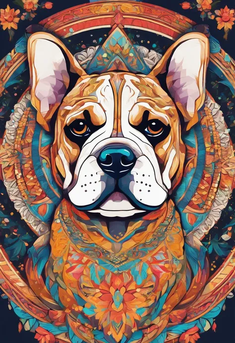 Bright color painting of a mandala with a simple and cute Bulldog dog motif
