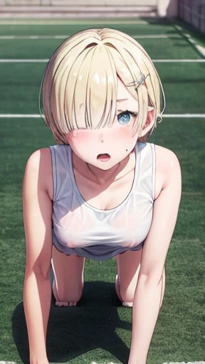 Very detailed image 8k European junior high school girl Beautiful girl Blonde Short hair Small breasts Beautiful legs Blushing Outside Athletics Crawl on all fours Composition viewed from directly above Mouth wide open and tongue sticking out White skin Re...