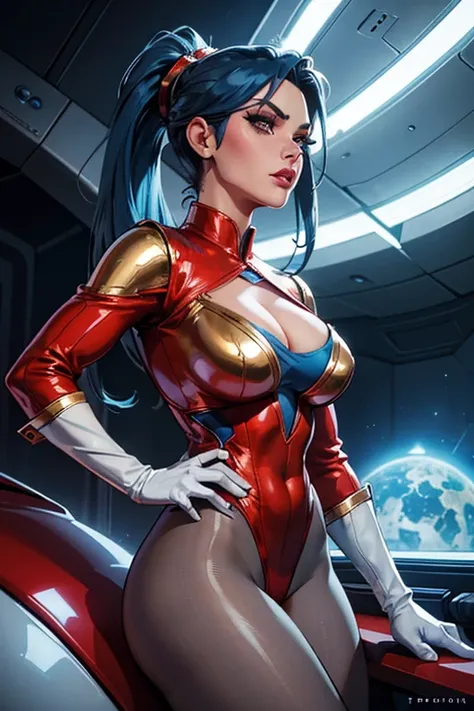 Best quality, 8K, woman retro super hero futurism, beautiful and detailed face, big eyelashes,LOOKING TO observer, ponytail,BLUE hair, long eyelashes, RED leotard, cleavage, GOLDEN metalic details, light GRAY pantyhose, sheer WHITE gloves,sci-fi RETRO SPAC...