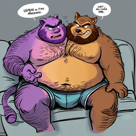 solo, (two headed brown wolf and purple panther), adult male, hairy, detailed eyes, by dramamine, by Disney, by Pixar, obese, gray background, shirtless, boxers, navel, speech bubbles:1.5, correct hands, ultradetailed, natural pose, ((angry, arguing, bicke...