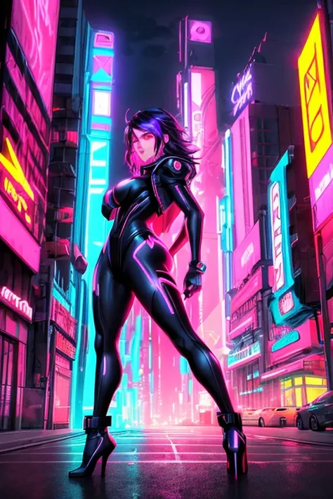 Hay una mujer con un atuendo futurista caminando por una calle, hero pose colorful city lighting, Neon City in the background, Arte conceptual del metaverso, stylized urban fantasy artwork, masterpiece epic microwave art, neon glow concept art, epic microw...