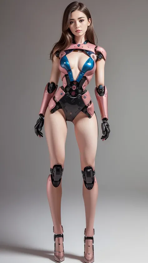 (Photorealsitic:1.4)、one robot woman、(top-quality)、(hyperdetailed face)、(Super well-formed face)、(Robot Parts)、(Female-Robot)、(25 years-old)、(Blue)、(pink there)、(Burgundy)、(metallic)、(full-body)、(sexy pose)、(Slender body)、(Model body type)、(full body mech)...