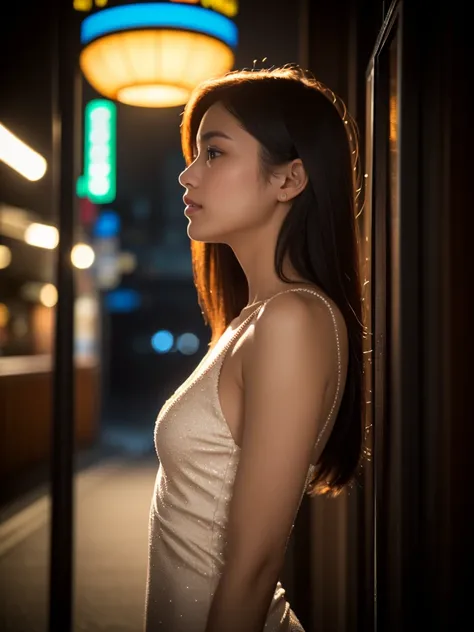 A teenage girl in a short Skin-tight dress (can see the figure of a model), on the street bar at night, Chest cleavage, (view From below:1.5), (view From side:1.5), (Mid body:1.5), (photorealistic:1.5), rotational symmetry, atmospheric perspective, 35mm, f...