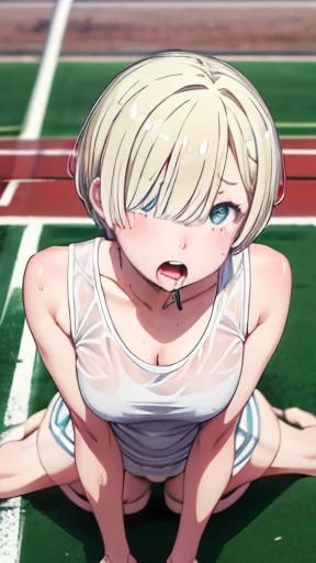 Very detailed image 8k European junior high school girl Beautiful girl Blonde Short hair Small breasts Beautiful legs Blushing Outside track and field Crawling on all fours Composition viewed from above Open mouth wide and sticking out tongue White skin Re...