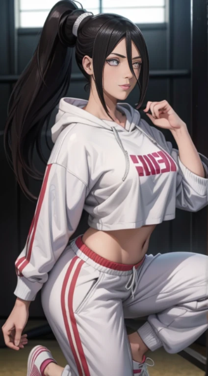 hyuuga hanabi, ponytail, hana, purple eyes, beautiful woman, beautiful, perfect body, perfect breasts, wearing a white Adidas hoodie, black jogger pants, wearing white Nike Jordan shoes, at the gym, barbell, looking at the audience, a small smile, realism,...