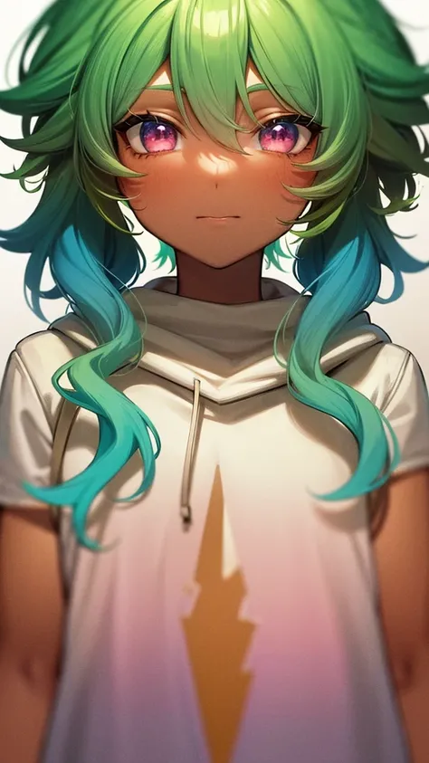 1girl, solo, solo focus, cowboy shot, portrait, oversized hoodie, aqua green and white hoodie, half aqua, half green, ((brown hair)), (yellow hair), (gradient hair :1.5), curly hair, ((pink eyes)), hyperdetailed eyes, tan, (caramel dark skin:1.1), best qua...