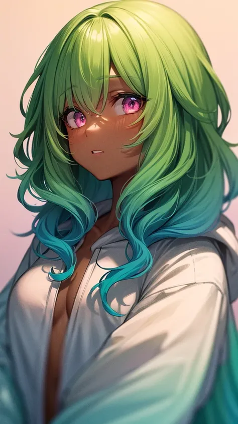 1girl, solo, solo focus, cowboy shot, portrait, oversized hoodie, aqua green and white hoodie, half aqua, half green, ((brown hair)), (yellow hair), (gradient hair :1.5), curly hair, ((pink eyes)), hyperdetailed eyes, tan, (caramel dark skin:1.1), best qua...