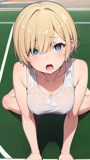 Very detailed image 8k European junior high school girl Beautiful girl Blonde Short hair Small breasts Beautiful legs Blushing Outside track and field Crawling on all fours Composition viewed from above Open mouth wide and sticking out tongue White skin Re...