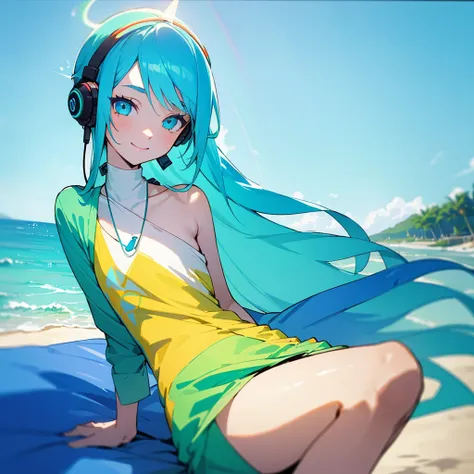 a young woman with tied-up colored blue cyan aqua hair and eyes resembling a rainbow, listening to calm music on headphones, wit...