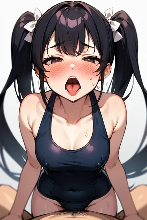 (((pov))),1girl, blush, best quality, amazing quality, very aesthetic, absurdres,masterpiece, white background, simple background, ,black hair,brown eyes,,one-piece swimsuit, ,school swimsuit,twin tail,flat breast,blush, half-closed eyes,rolling eye,blush,...