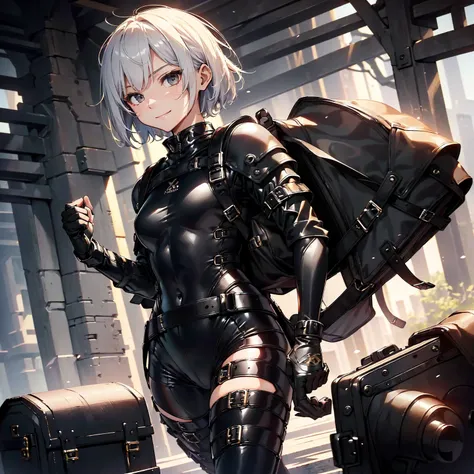 (masterpiece、highest quality、highest resolution、clear_image、detailed details): (whole body、18 year old female fighter，Slender、small face、black super bob short hair、Shiny black tight combat uniform，tight suit、Gentle smile、Backpack)