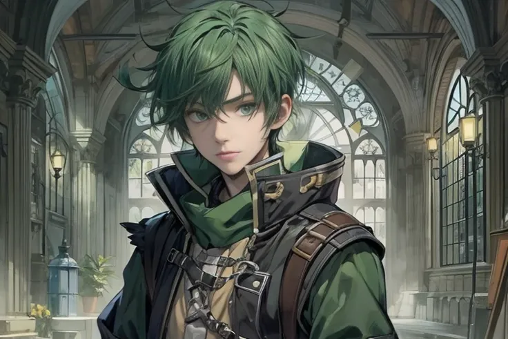 Anime characters: Young explorer steam age medieval masterpiece shadow avatar young man green hair a man alone front