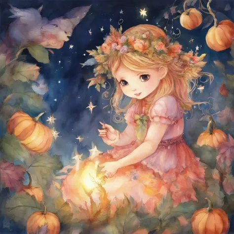 starの木からstarをharvestする乙女たち,great atmosphere,picture book illustrations,watercolor painting,star,harvest,myth,fantasy,Light,anatomically correct,cute,Friendly,Cast colorful spells,rich colors,warmth