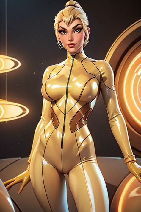 Best quality, 8K, woman retro super hero futurism, beautiful and detailed face, big eyelashes,LOOKING TO observer,ponytail,BLONDE hair,TRANSPARENT BEIGE LATEX BEIGE CATSUIT, metalic details, LIGHT BROWN TAN pantyhose, sheer TAN gloves,sci-fi RETRO SPACESHI...