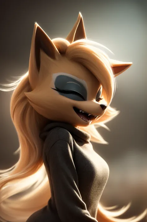 (best quality,4k,highres,masterpiece:1.2),ultra-detailed,(realistic,photorealistic,photo-realistic:1.37),close-up,Whisper the wolf,happy expression,happiness radiating,showing fangs,(black,warm black,stylish black,cozy black:1.1),sweater,eyes closed,

(flo...