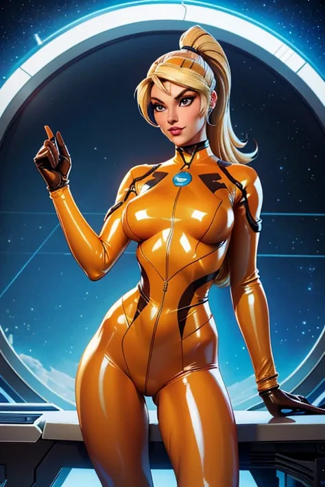 Best quality, 8K, woman retro super hero futurism, beautiful and detailed face, big eyelashes,LOOKING TO observer,ponytail,BLONDE hair,TRANSPARENT brown LATEX CATSUIT, metalic details, LIGHT TAN pantyhose, sheer TAN gloves,sci-fi RETRO SPACESHIP scenario