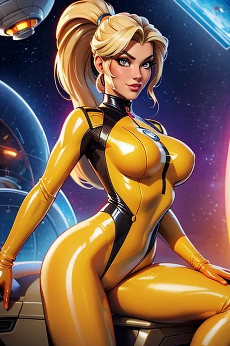 Best quality, 8K, woman retro super hero futurism, beautiful and detailed face, big eyelashes,LOOKING TO observer,ponytail,BLONDE hair,TRANSPARENT brown LATEX CATSUIT, metalic details, LIGHT TAN pantyhose, sheer TAN gloves,sci-fi RETRO SPACESHIP scenario