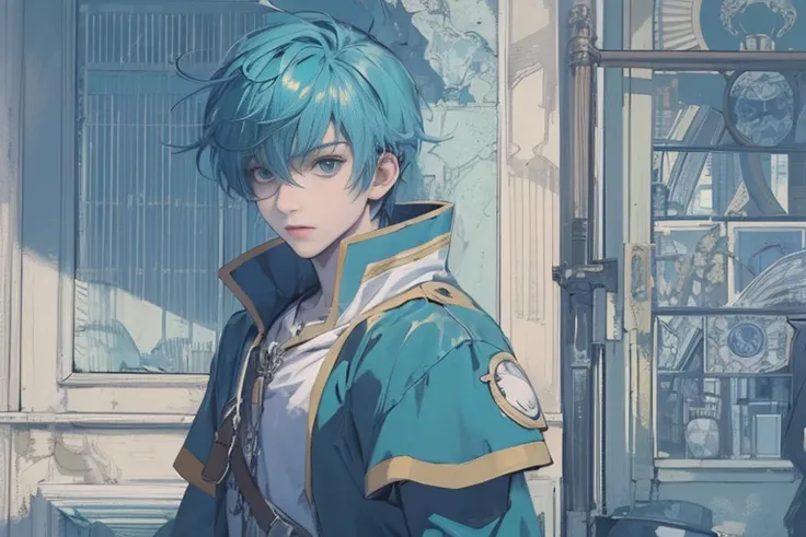 Anime characters: Young explorer steam age medieval masterpiece shadow avatar young man blue hair a man alone frontal blue tone looking to the left looking towards the player