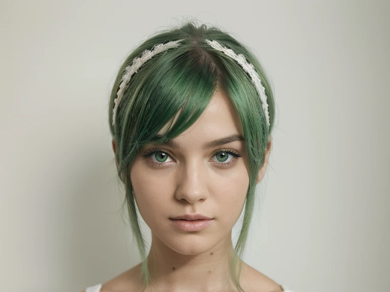 SAME GIRL, SAME FACE, GREEN HAIR, model photo shoot, white background