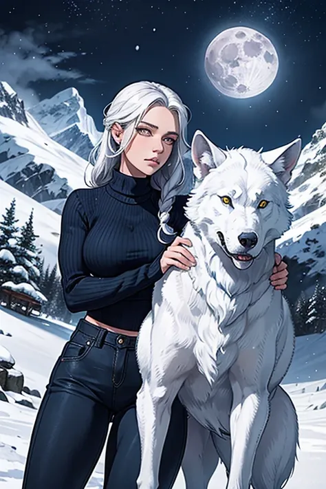 A woman from a frontal angle, loira de olhos azuis, she is wearing a sweater and pants, shes scared. Behind her is one of a wild white wolf, grande. The background is navy blue, with mountains of snow behind them. It&#39;s snowing and the full moon is abov...