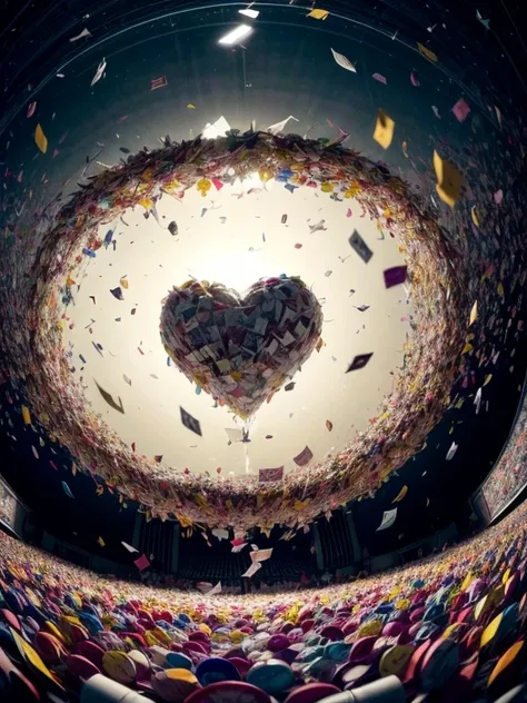 Colored confetti:1.5，Colored confetti flying in the sky，Floating confetti fills the sky，Confetti scattered on the stage，in scraps of paper，hyper detailed masterpiece, Dynamic, good quality, Floating Extra Large Ethereal Colorful Heart,  (fisheye lens view)