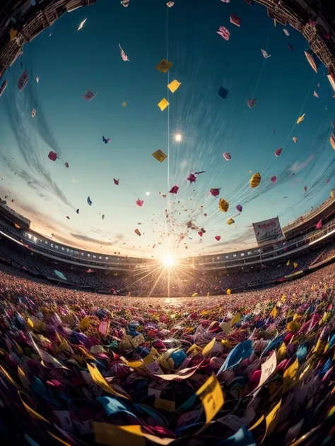 Colored confetti:1.5，Colored confetti flying in the sky，Floating confetti fills the sky，Confetti scattered on the stage，in scraps of paper，hyper detailed masterpiece, Dynamic, good quality, Floating Extra Large Ethereal Colorful Heart,  (fisheye lens view)