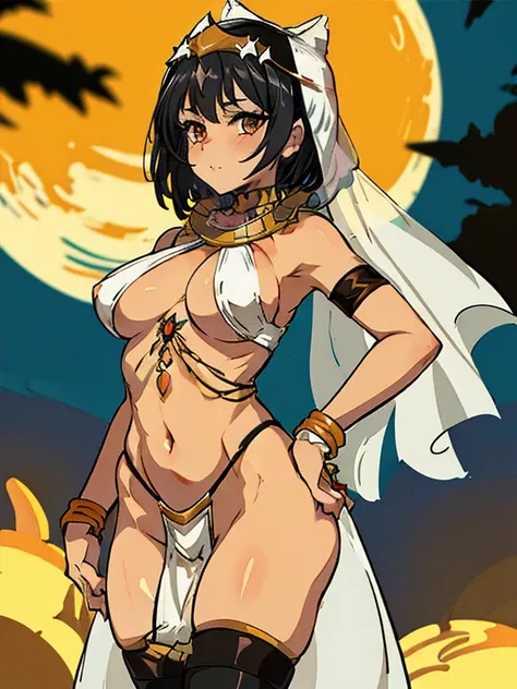 anime_style, Ultra Best Quality, Ultra High Res, Ultra Detailed, extremely detailed, ( Arabian dancer wearing face veil:1.5), (toned stomach:1.2), (white skin:1.3), (black  hair,  :1.3),(short hair, :1.3), (orange eyes,  :1.2), more_details:-1, more_detail...