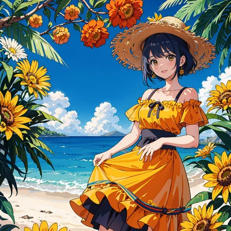 (melhor qualidade, obra de arte),ensolarado，Lente larga，(Cabelo castanho longo)， bonita animada com cabelo castanho longo，with a straw hat，Um grande sorriso，Vestindo uma grande camiseta laranja，Holding an orange chrysanthemum flower，There are many orange f...