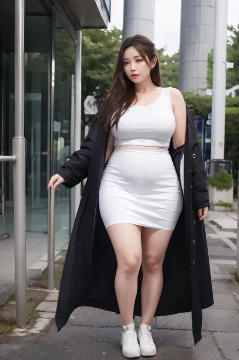 A chubby woman stands facing forward. She is wearing a white skirt that goes to the knees. Black coat over white blouse. 