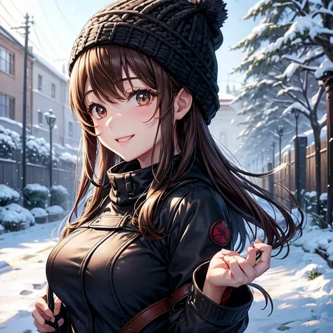 anime、beautiful girl、brown hair、black eyes shine、garden、snow、Black down jacket、knit hat、beautiful breasts、exceptional smile