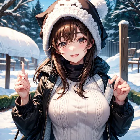 anime、beautiful girl、brown hair、black eyes shine、garden、snow、Black down jacket、knit hat、beautiful breasts、exceptional smile