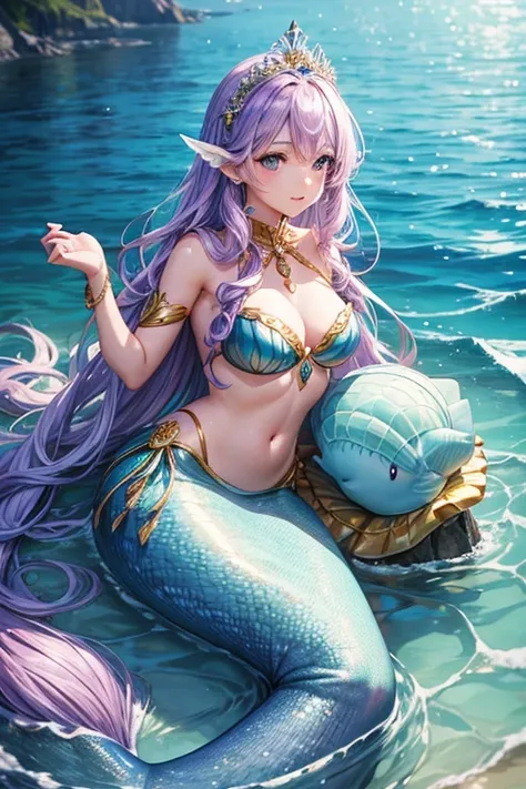 The magical sea mermaid is young, with beautiful hair, a beautiful tiara and sea creatures next to her. next to her is a mermaid queen with purple hair and a golden tail, a tiara on her head--AR 16:9 -auto -realistic style