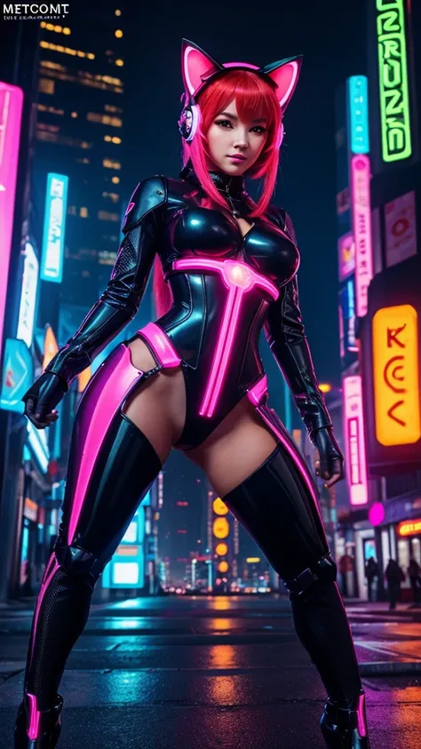 Gorgeous cat girl, futuristic sexy costume, Mecha, neon on a suit, cyberpunk, Open legs, big breasts, big ass, Slim waist, front view, city   of the future, neon lighting, bright red hair, cat ears