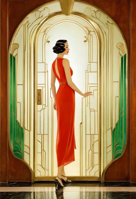 art deco design，glass doors、a woman is standing in front of the door