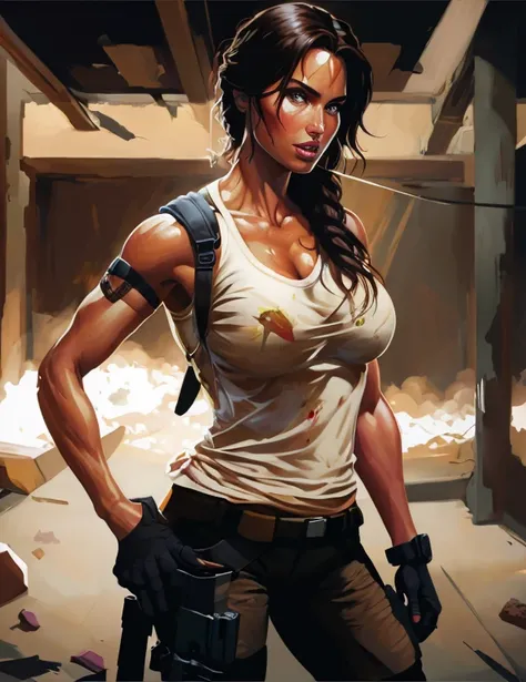 there&#39;s a woman with a gun standing in a room, portrait of Lara Croft, muscular sweat Lara Croft, Lara Croft, tomb raider bonito, megan fox as Lara Croft, epic digital art illustration, Lara Croft eating durian, arte digital de videogame, Lara Croft as...