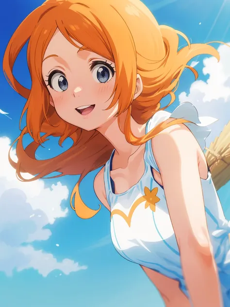 Inoue Orihime, laranja, cabelo, long cabelo, (olhos castanhos:1.5), cabelopin, sorriso, seios grandes, 1 garota, sunflor, tem, flor, vestir, white vestir, sunvestir, sky, olhando para o espectador, straw tem, dia, sorriso, ao ar livre, Nuvem, sun tem, lips...