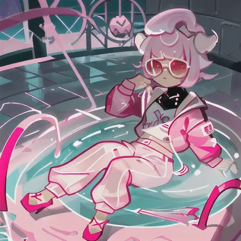 vanilla cherry cookie lying down on pool, pink hair, short hair, bowl cut, bangs pinned back, red horns, silver square eyewear, ...