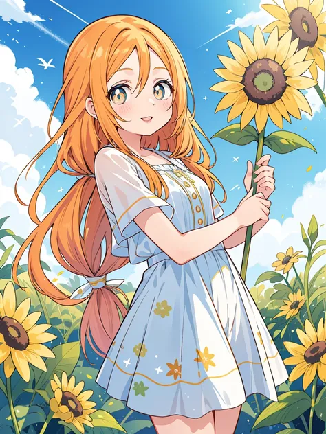 inoue orihime, laranja, cabelo, long cabelo, (olhos castanhos:1.5), cabelopin, sorriso, seios grandes, 1 garota, sunflor, tem, f...