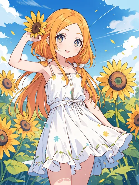 inoue orihime, laranja, cabelo, long cabelo, (olhos castanhos:1.5), cabelopin, sorriso, seios grandes, 1 garota, sunflor, tem, f...