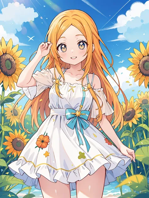 inoue orihime, laranja, cabelo, long cabelo, (olhos castanhos:1.5), cabelopin, sorriso, seios grandes, 1 garota, sunflor, tem, f...