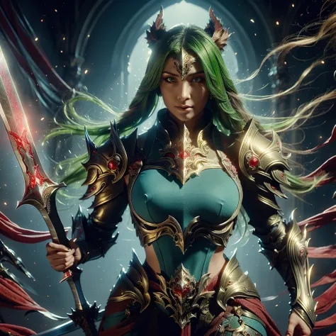 (a)beautiful woman long green hair blue gorgeous eyes,(a)golden armor,(a)mighty sword,(a)slaying,(a)horrible deamond creatures,background,(a)death deamonds,(best quality) More companians next to her side. Shes stepping on a monsters corpes.