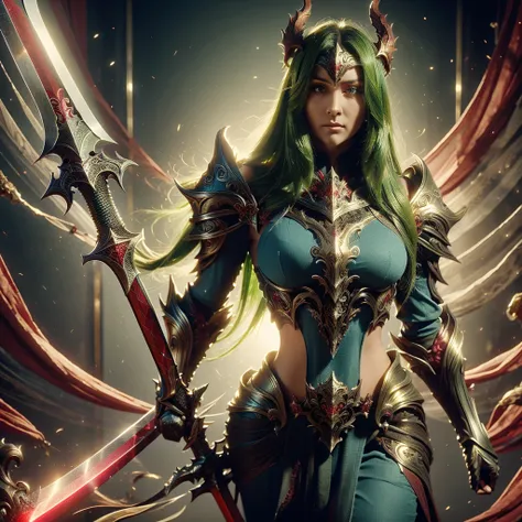 (a)beautiful woman long green hair blue gorgeous eyes,(a)golden armor,(a)mighty sword,(a)slaying,(a)horrible deamond creatures,b...