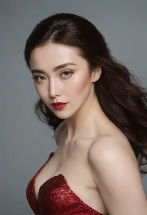 (fan bingbing), como diosa griega, vistiendo un disfraz de wonder woman,(((pechos enormes, escote))), ((muslos gruesos, Figura de reloj de arena)), (top-less),  ((labios rojos brillantes)), ((ojos azules)), (((Cabello largo y rubio))) fotoRealista, foto, o...