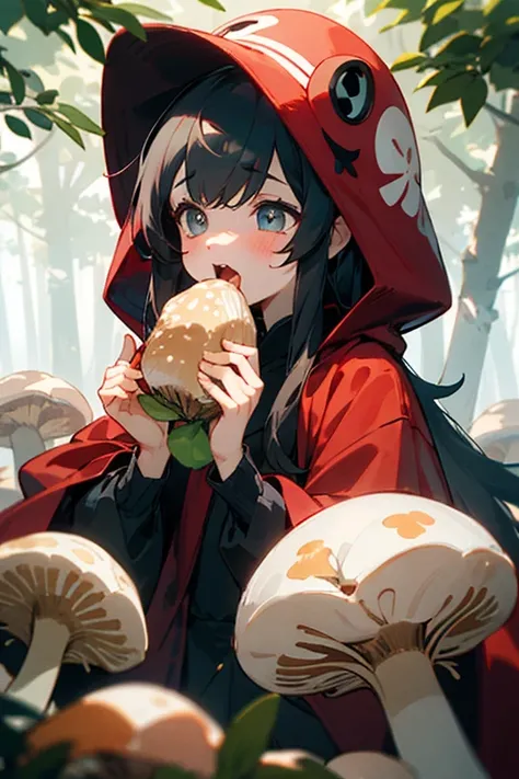 in the deep forest、Cute girl wearing a red food coat。holding a matsutake mushroom in hand、Eyes shine、open your mouth wide、trying to devour。wearing red hood。While salivating。