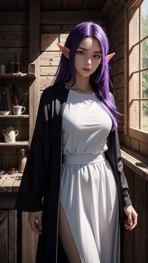 RAW, professional photograph, medium shot, photorealistic, hyper-realistic, ray tracing, super detail, UHD, 8k, female elf, twenty years old, athletic body, soft facial features, small breasts, long hair, straight hair, purple hair,  purple eyes, white dre...