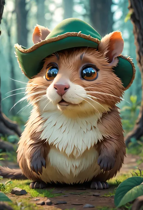 close-up of a cartoon kitten in a hat, p, capybara pirate, portrait of a forest magician, dwarf druid, first person view, close-...