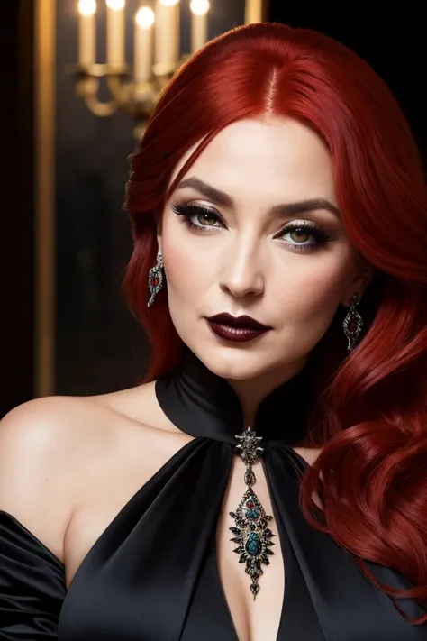 A captivating close-up image of a 30-year-old woman with vivid red hair and an enchanting gothic style. Her gothic attire accents her eloquent decollete, adorned with exquisite jewelry like a lapel pin and an intricate flook. Zaha Hadid-inspired artistic e...