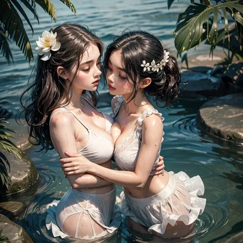 Two girls embracing in water, bodies pressed together, ((lips touching)), romantic, lively, in water up to their chests, masterpiece, best quality, high resolution,  hair flower,  hair ornament, white laced skirt, flower, sleeveless , open clothes, black b...