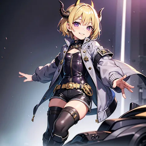 highest quality, masterpiece, very detailed hands, 1girl, flat chest, ((blonde short hair)), purple eyes, ((long grey jacket)), black medium long shorts, black boots, smal horns, smiling