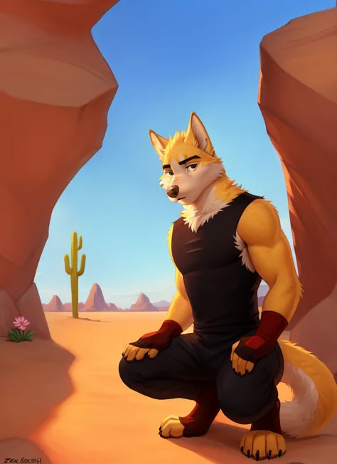 cooper krager, solo, wolf tail, (pose), (posing), (soft shading), 4k, hi res, ((detailed face, detailed eyes, detailed)), (full body), by zackarry911, by zaush, (by personalami:0.5), solo, gloves, 1boy, full body, flower, male focus, sky, fingerless gloves...